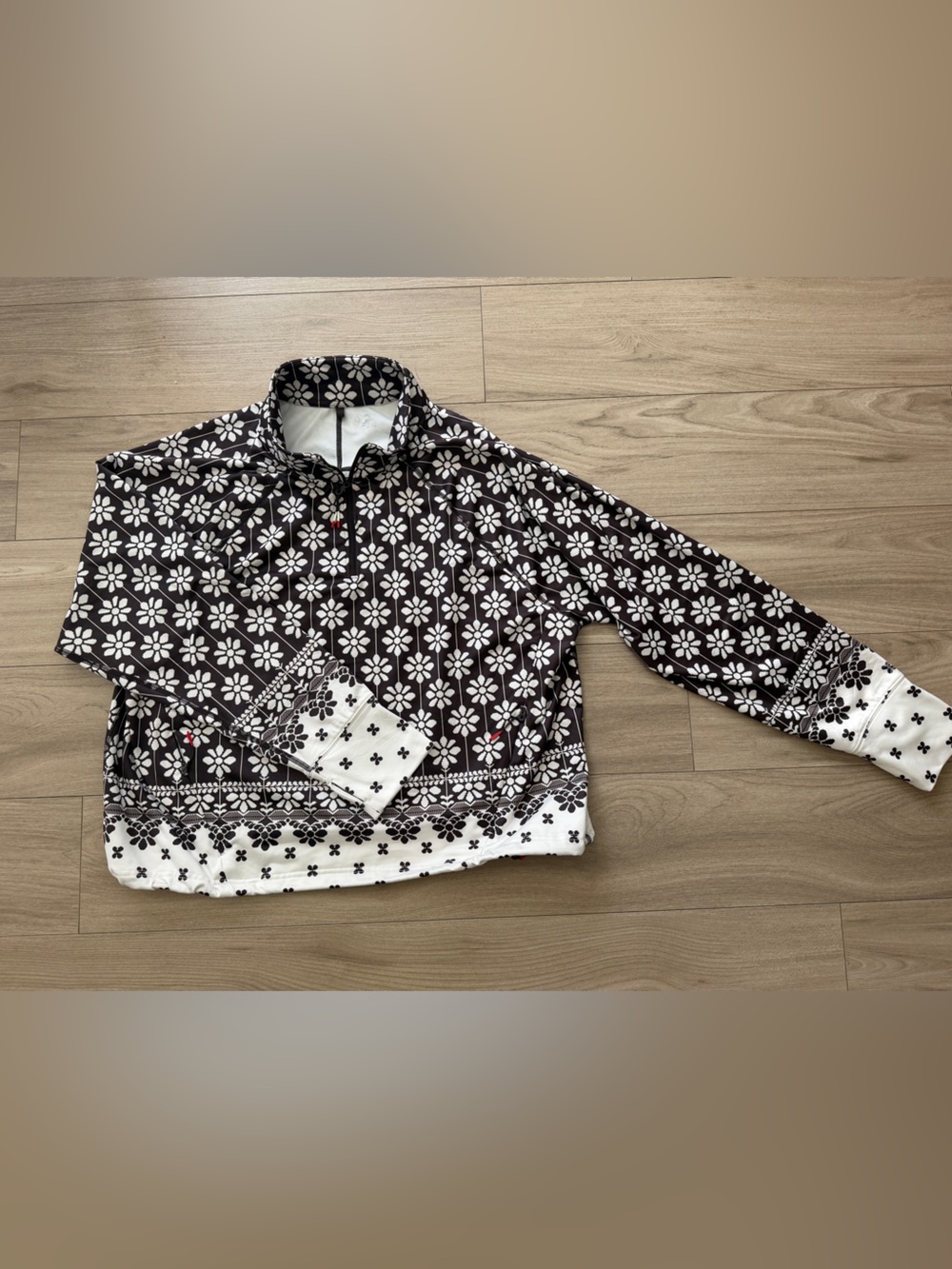 Black and White Floral Half-Zip Pullover Sweatshirt